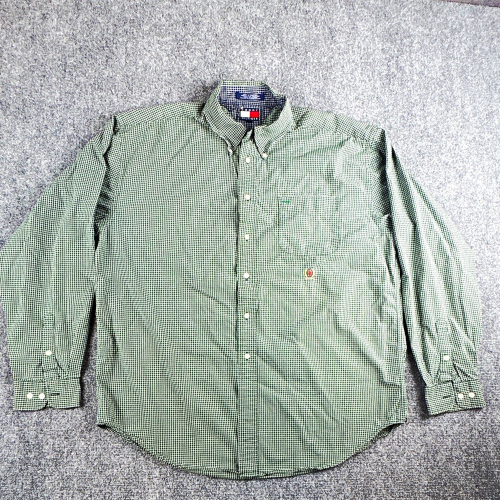 Vintage 90s Tommy Hilfiger Crest Gingham Button Down Shirt Green White XL